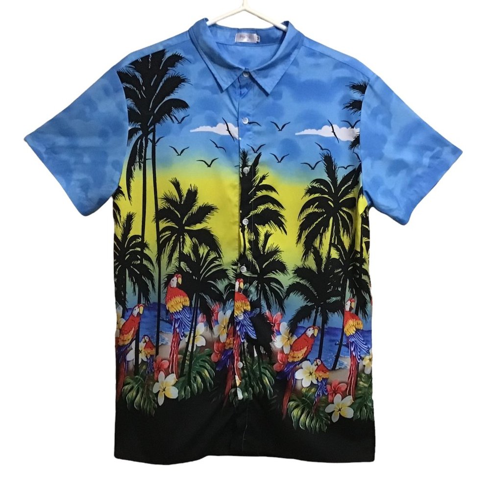 Vtg Hawaiian Shirt Mens Sz M All Over Parrots Floral Birds Tropical Palm Trees